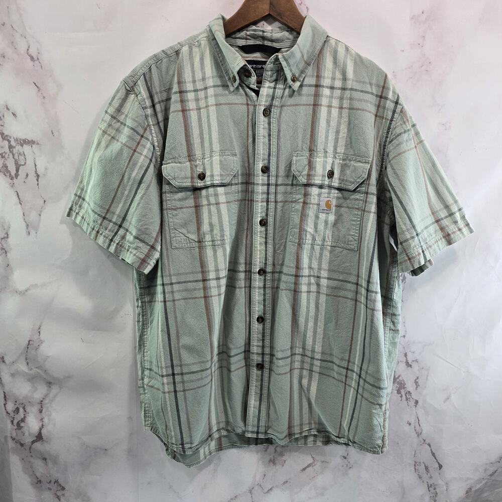 Carhartt Shirt Mens Large Green Short Sleeve Button Up Plaid Collared Loose Fit